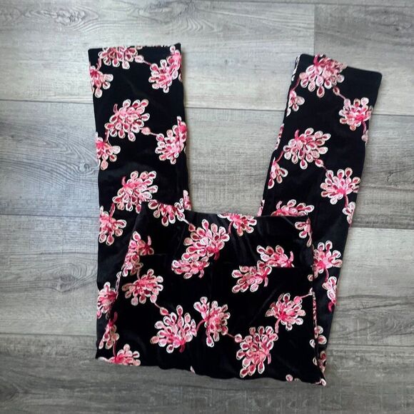 Lesley Evers Party Velvet Pants Embroidered Pink Floral Boho Retro NEW - Picture 2 of 7